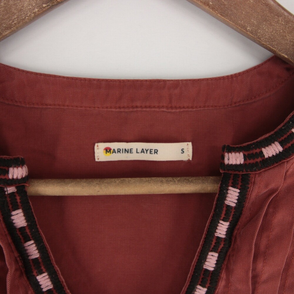 Marine Layer Archive Embroidery Blouse Womens S Maroon Boho Pleated Puff Sleeve - Picture 5 of 6